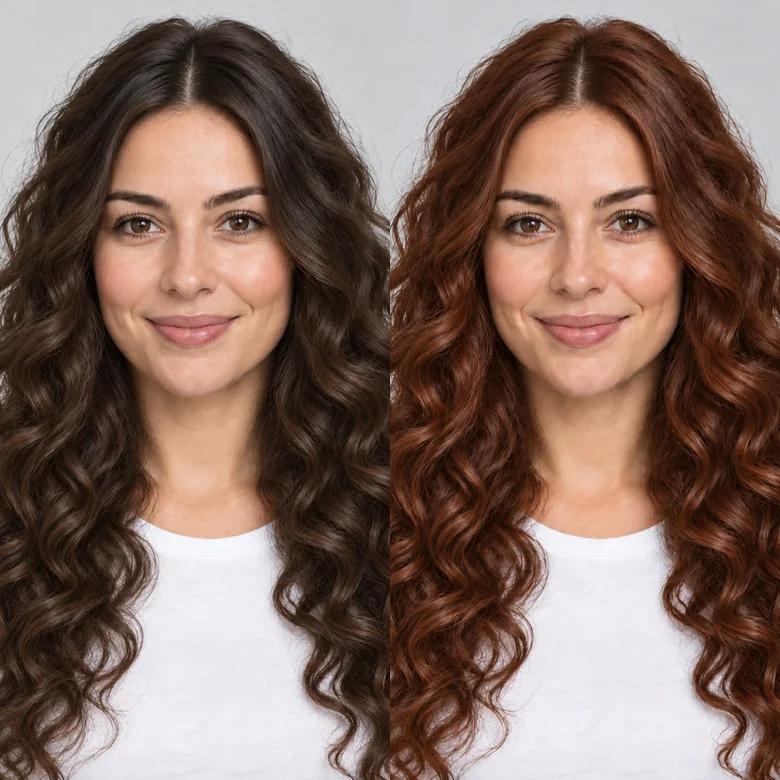 A woman shown with long black curls and with long red-brown curls