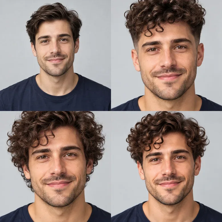 A man with short straight hair shown with two curly hairstyles