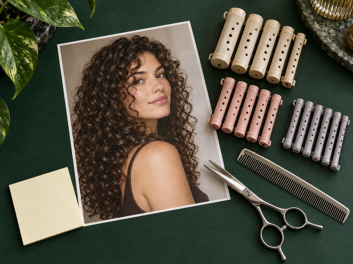 A printed photo of a woman with curly hair next to perm rods and scissors, labeled this curl size