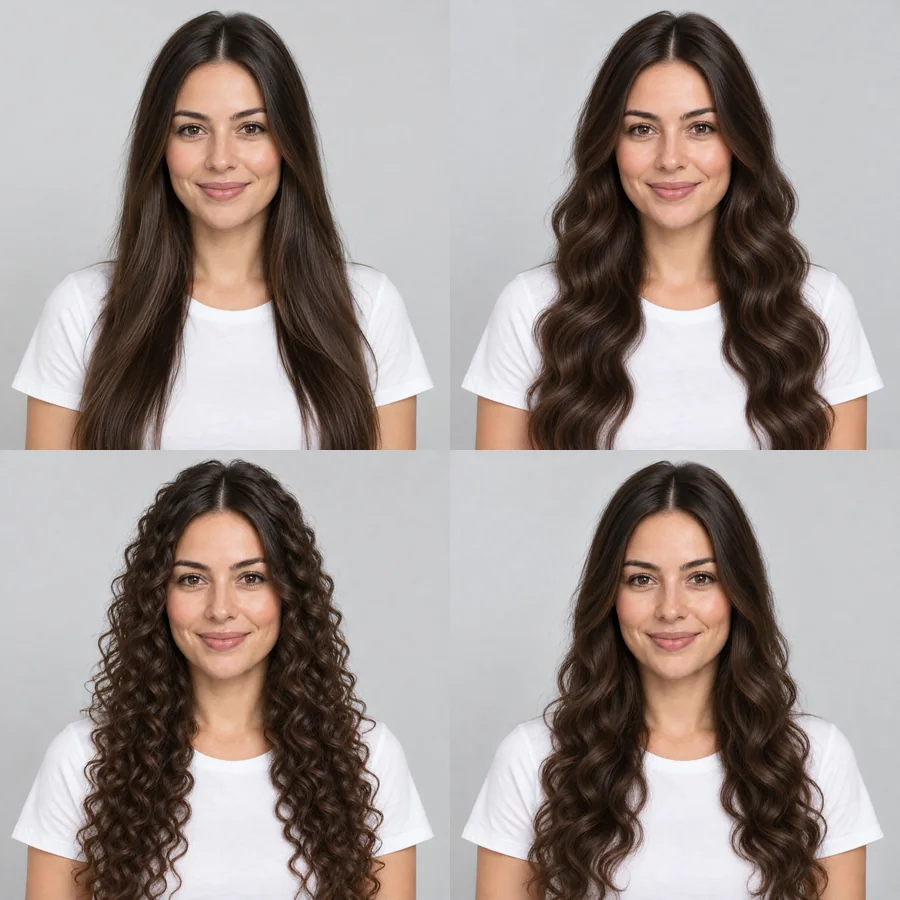 A woman with straight hair shown with three perm styles: soft waves, long curls, and loose curls