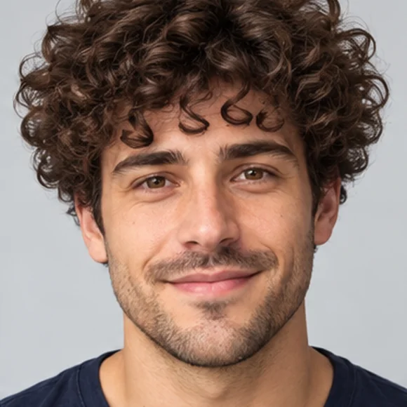 Man with a full, rounded mass of tight curls on top