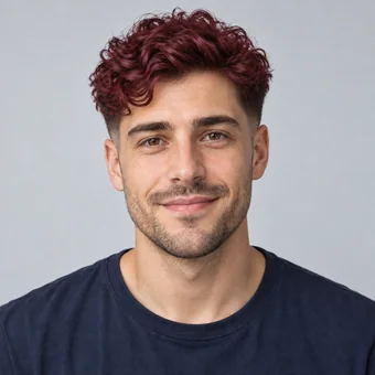 Bearded man with a burgundy curly top and a fade