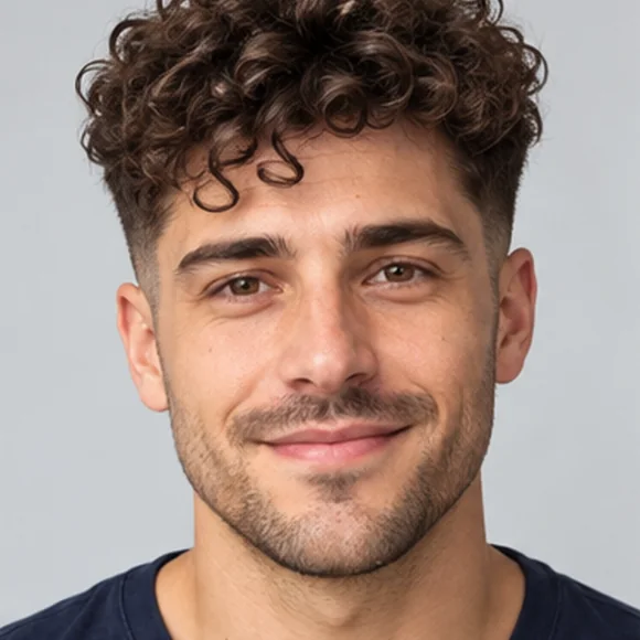 Man with a voluminous curly top and short sides