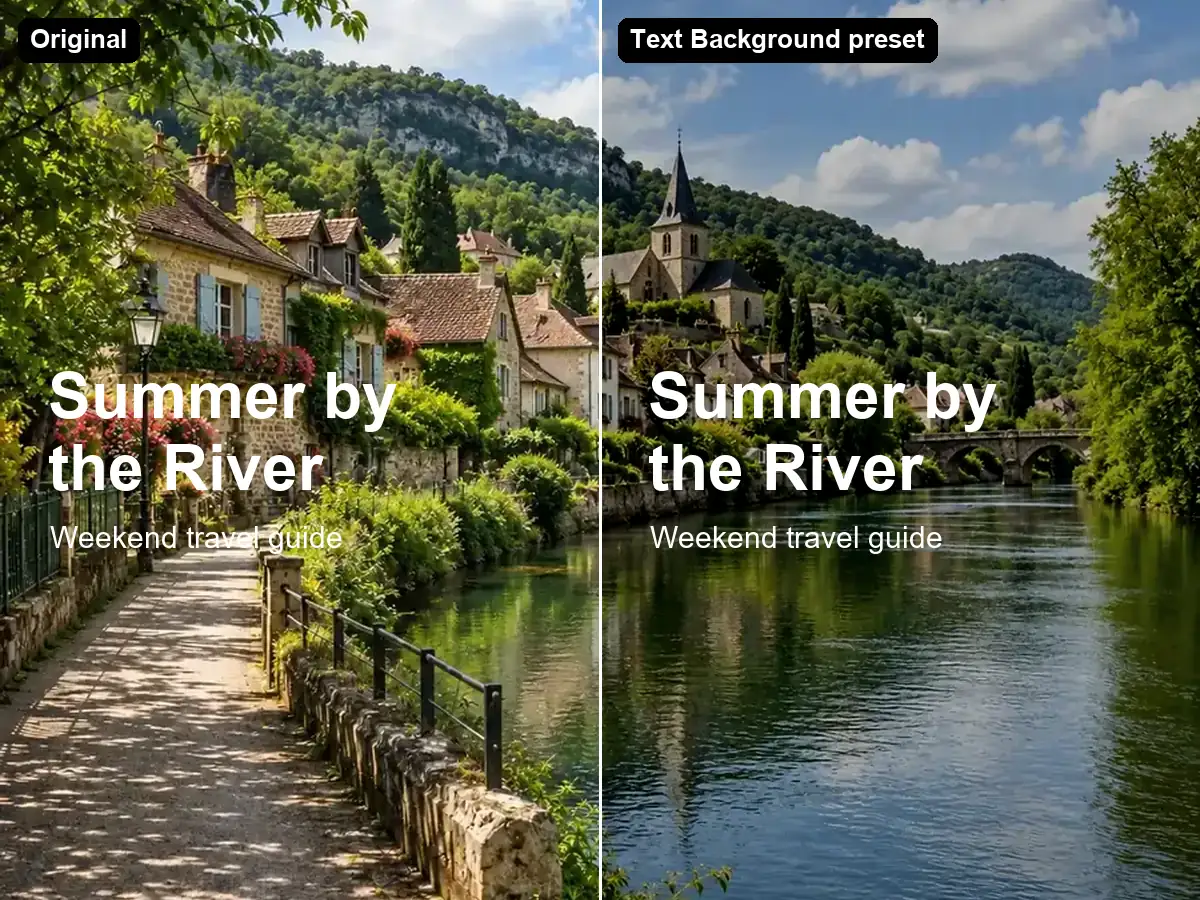 The same landscape with white headline text, original on the left and darkened with the Text Background preset on the right