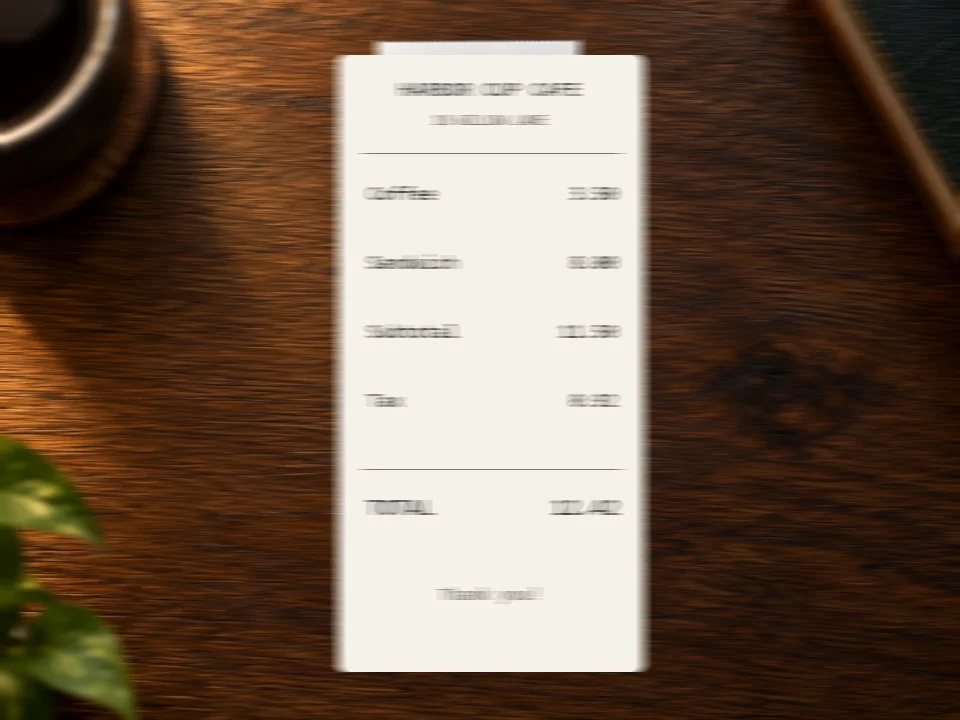Drag to compare the blurry receipt photo and the sharpened text (before)