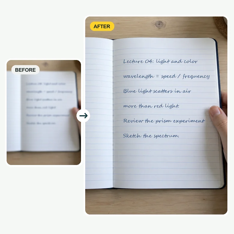 Blurry photo of handwritten lecture notes next to the enhanced, readable notes