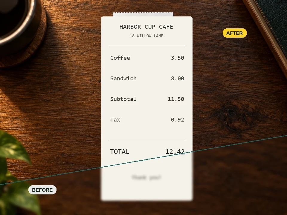Sales receipt with a blurry total sharpened so every amount is readable