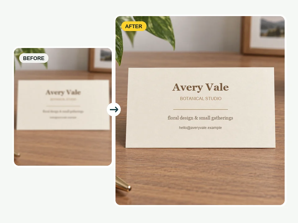 Out-of-focus business card with small serif text, next to the enhanced card