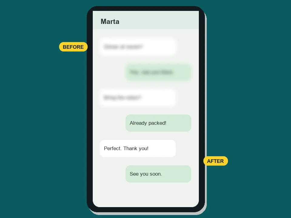 Phone chat screenshot with compressed, blurry messages restored to sharp text