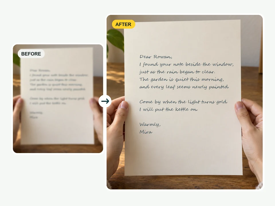 Blurry handwritten letter held in two hands, next to the sharpened version