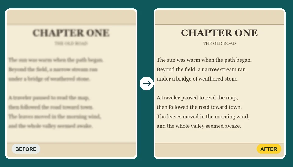 Printed book page with blurry text on the left and sharp, readable text on the right