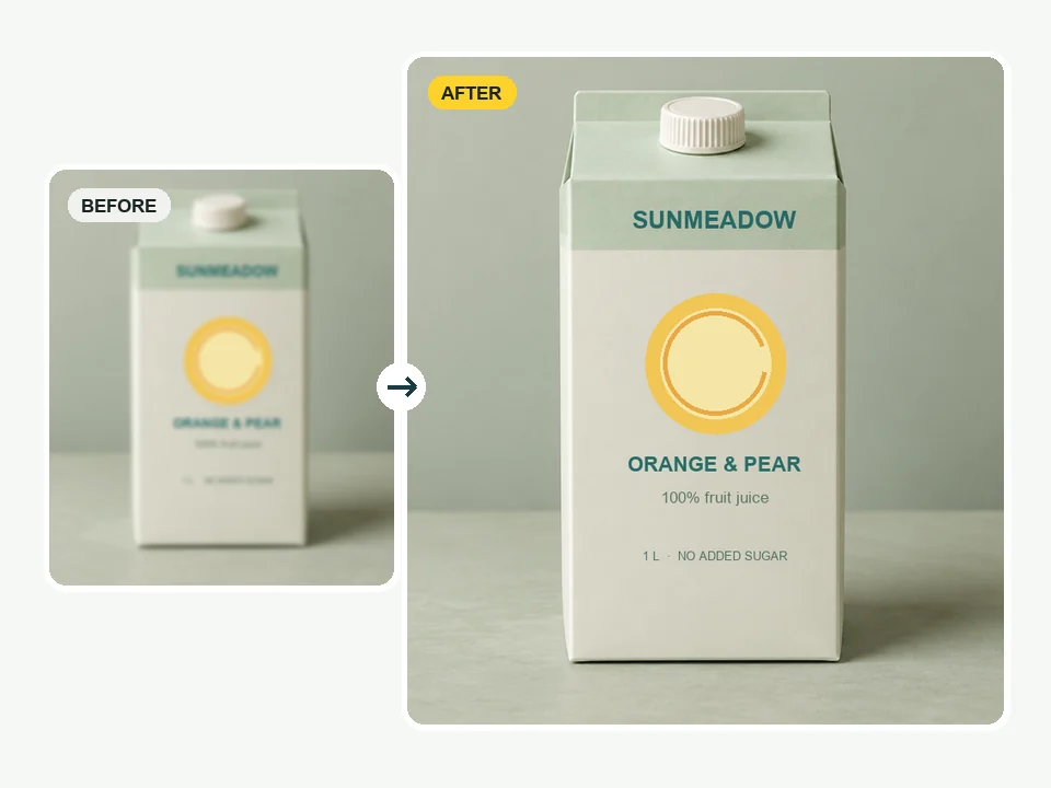 Blurry juice carton label next to the sharpened packaging text