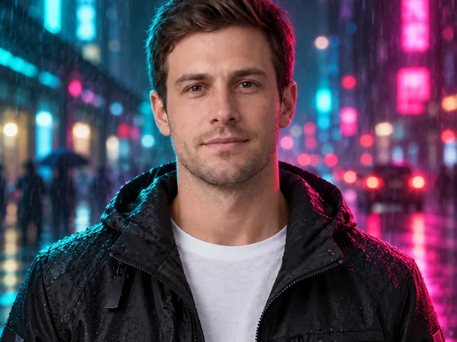 Drag to compare the grainy night street portrait in the rain and the denoised photo (after)