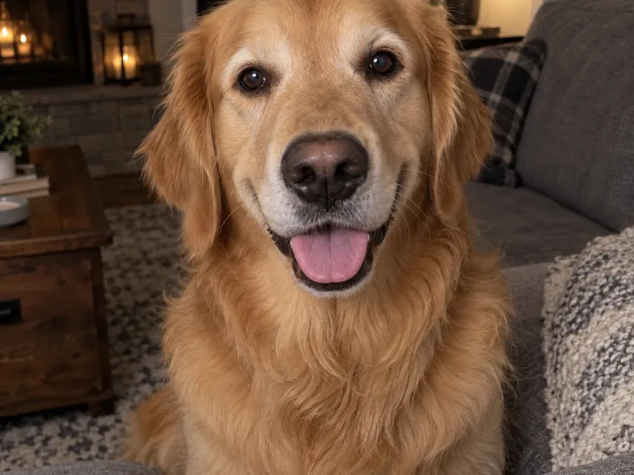 Drag to compare the small, grainy photo of a golden retriever on a sofa and the clean 2× version (after)
