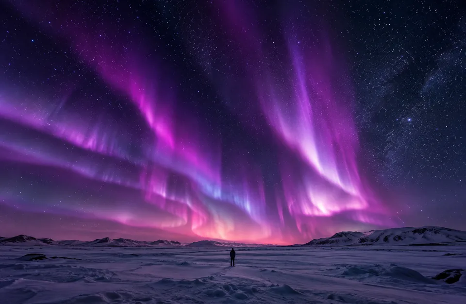 Drag to compare the noisy aurora night sky and the denoised sky with clear stars (after)