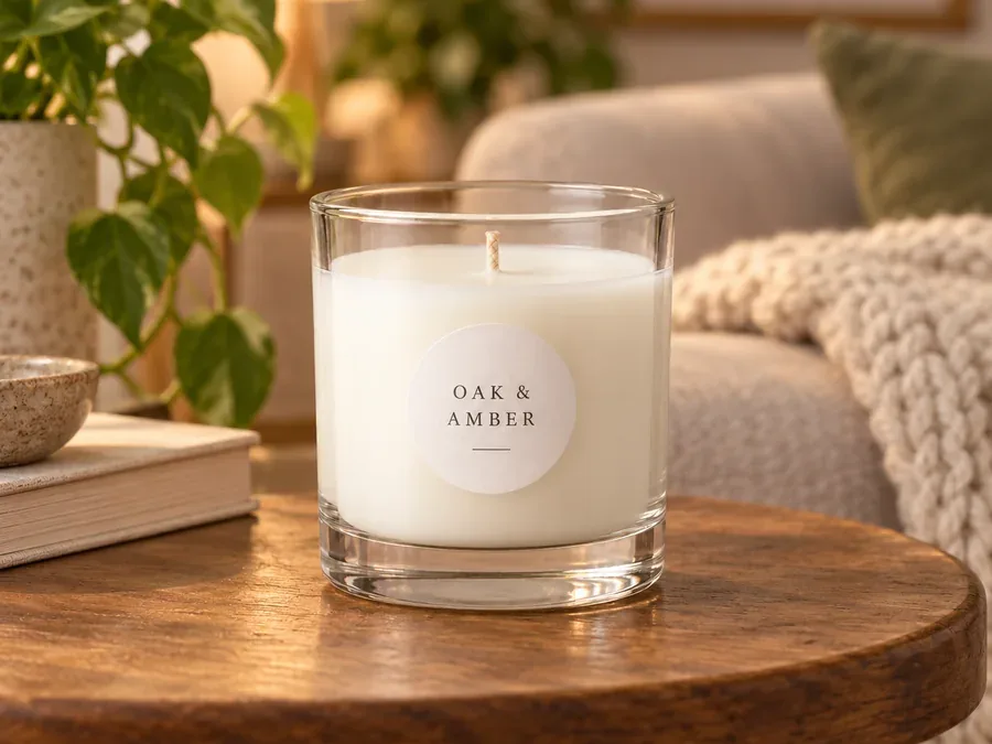 Drag to compare the small, grainy product photo of a candle and the clean 2× larger version (after)