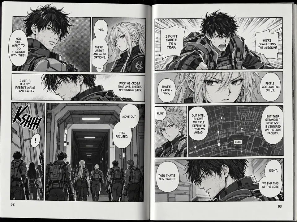 Drag to compare the manga spread before and after descreening the screentones (after)