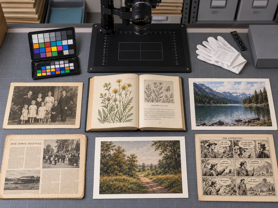 Old photos, book pages, and comics laid out on a copy stand for digitization