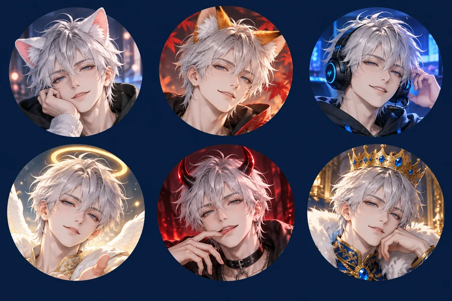 Six circular Discord avatars in different colors and styles