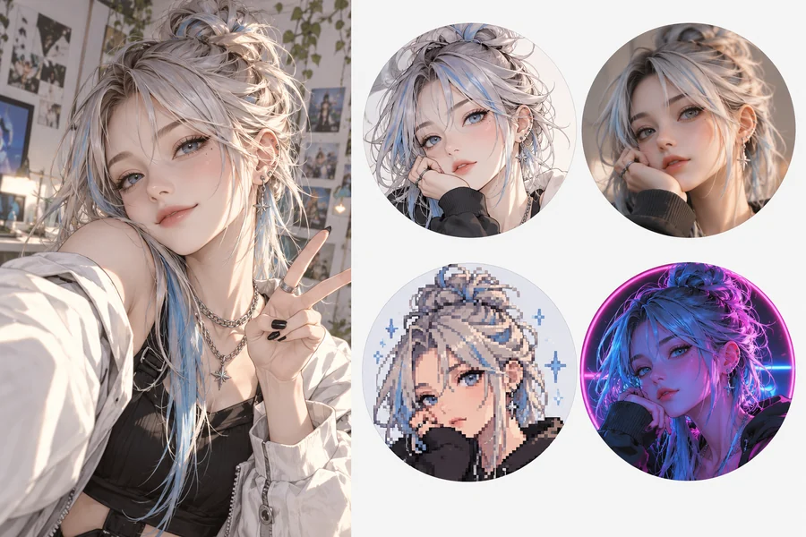 One selfie turned into four Discord avatars: photo, sketch, neon, and cartoon