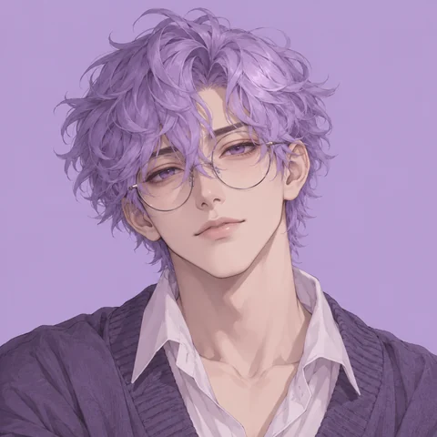 Anime Discord pfp of a man with lavender curly hair and round glasses
