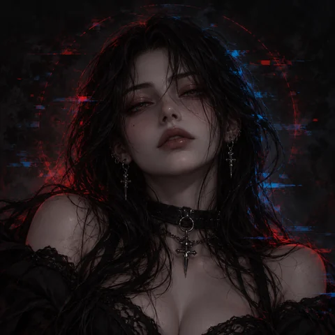 Dark aesthetic Discord pfp of a woman with a red and blue glitch effect