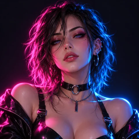 Neon lit Discord avatar of a man in pink and blue light on a dark background
