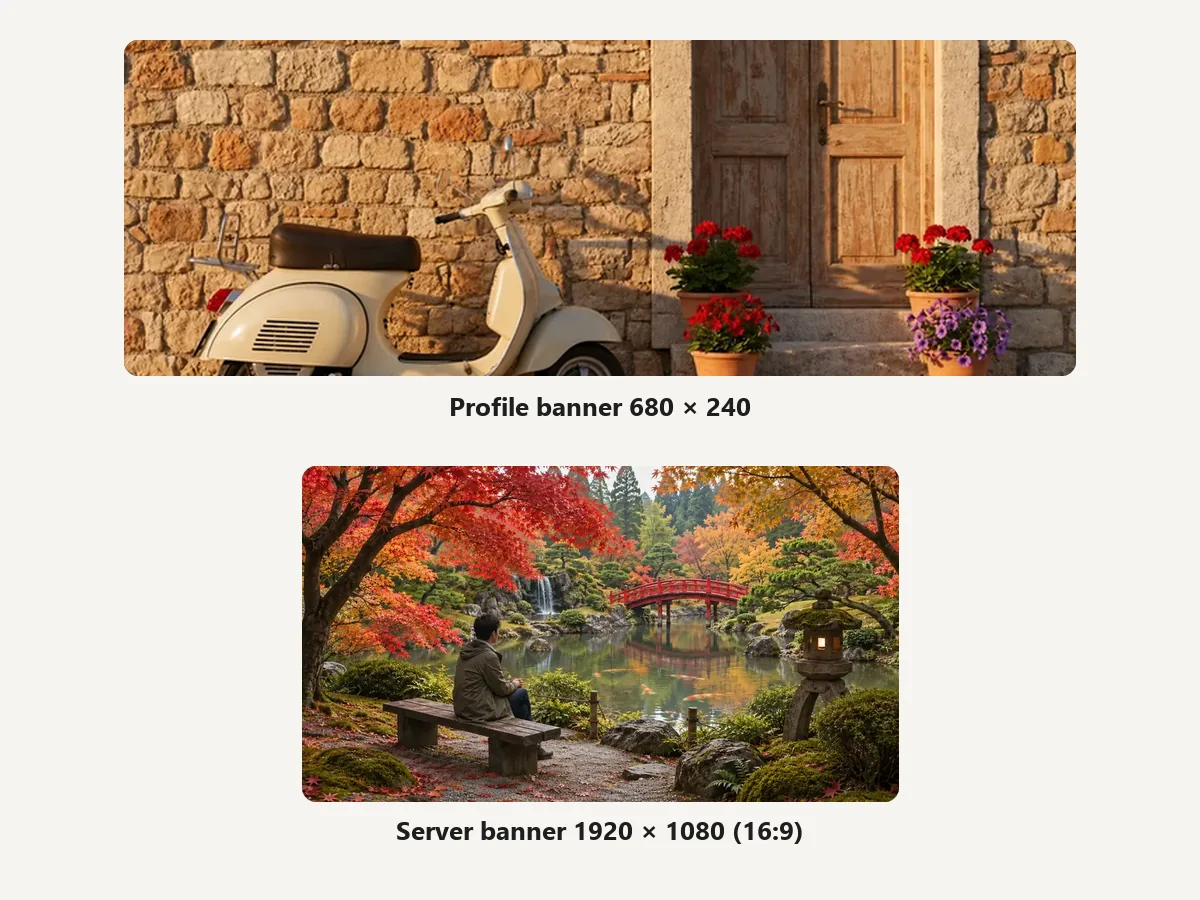Photos resized to the 680x240 Discord profile banner and the 1920x1080 server banner