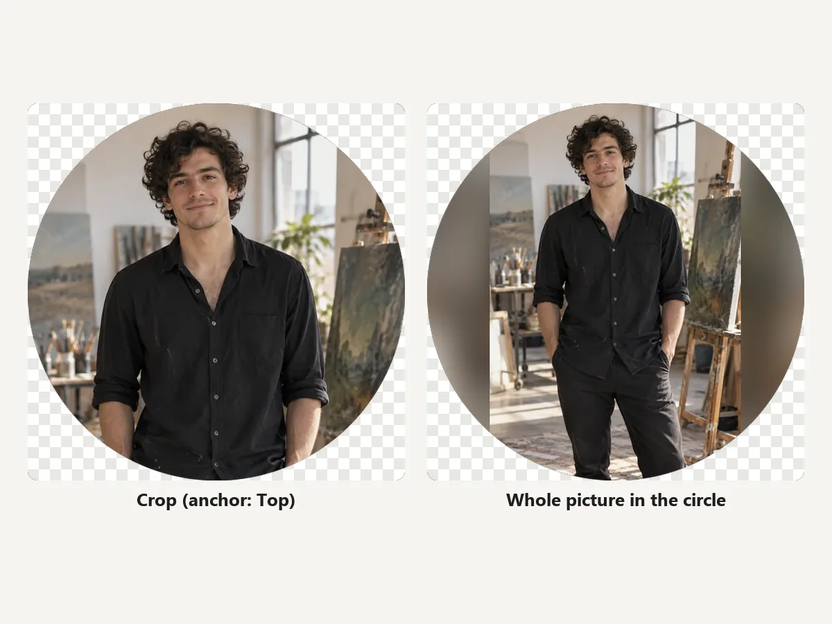 The same full-length photo as a cropped circle PFP and fitted entirely inside the circle