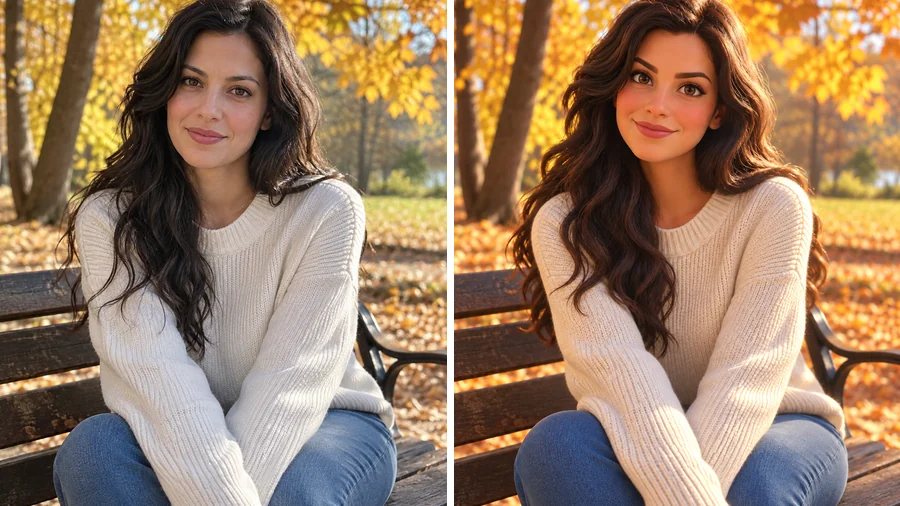 Woman with long wavy hair sitting outdoors, redrawn as a 3D animated heroine in autumn light