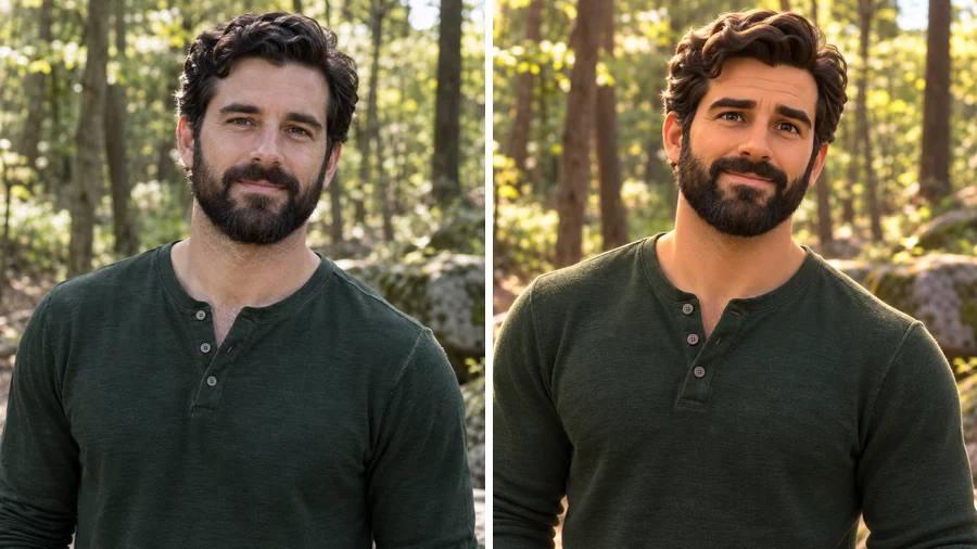 Bearded man in a green henley next to his 3D animated version in a sunny forest