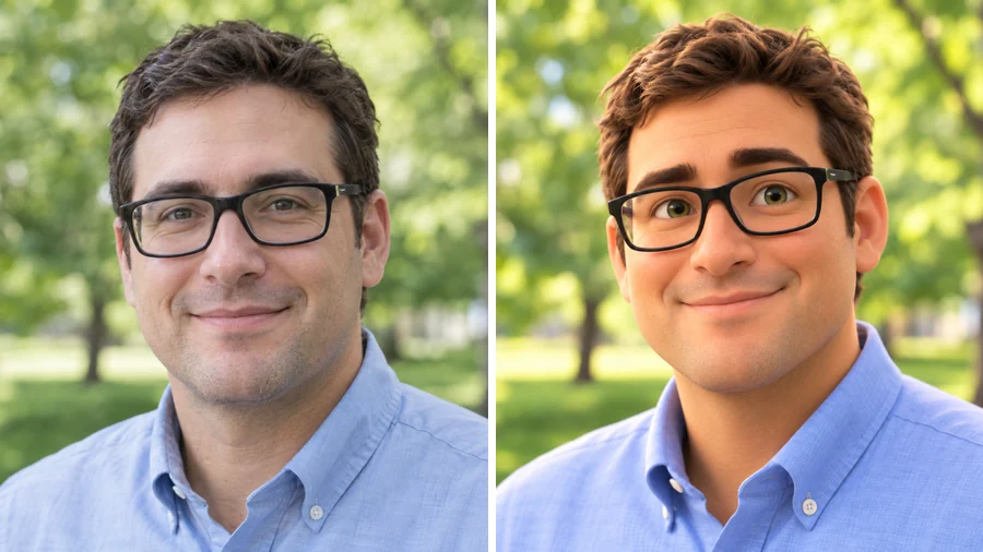 Young man with glasses next to his 3D animated version with the same glasses and side-parted hair