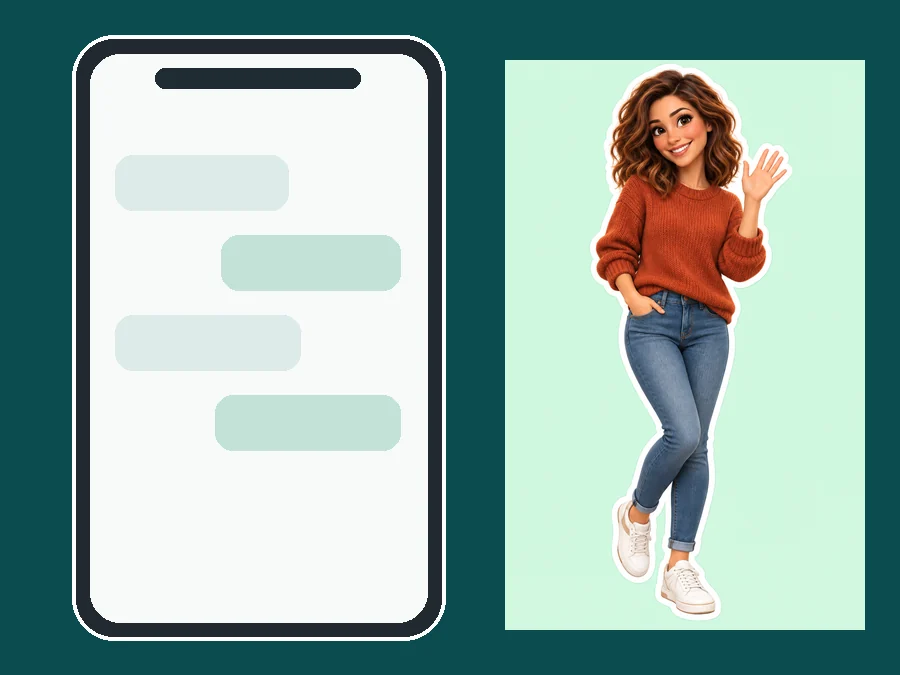 Waving animated avatar sticker of a woman in a rust sweater next to a phone chat