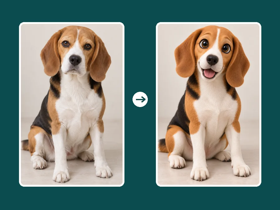Real beagle photo next to the same beagle as a big-eyed 3D animated cartoon dog