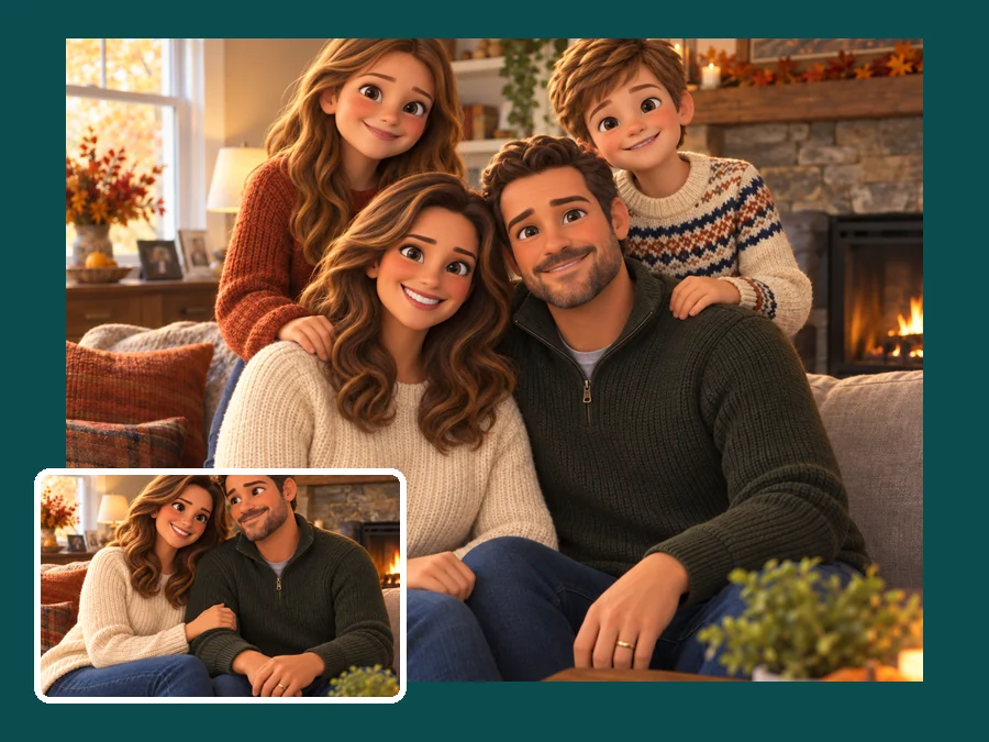 Family of four and a couple on a sofa redrawn as matching 3D animated movie characters