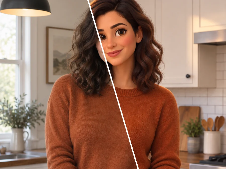Kitchen photo split diagonally, with one half redrawn as a 3D animated scene