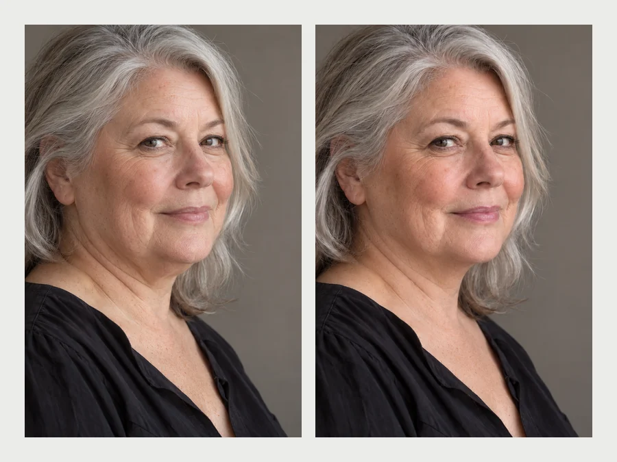 Side profile of an older woman before and after the soft area under her chin was refined
