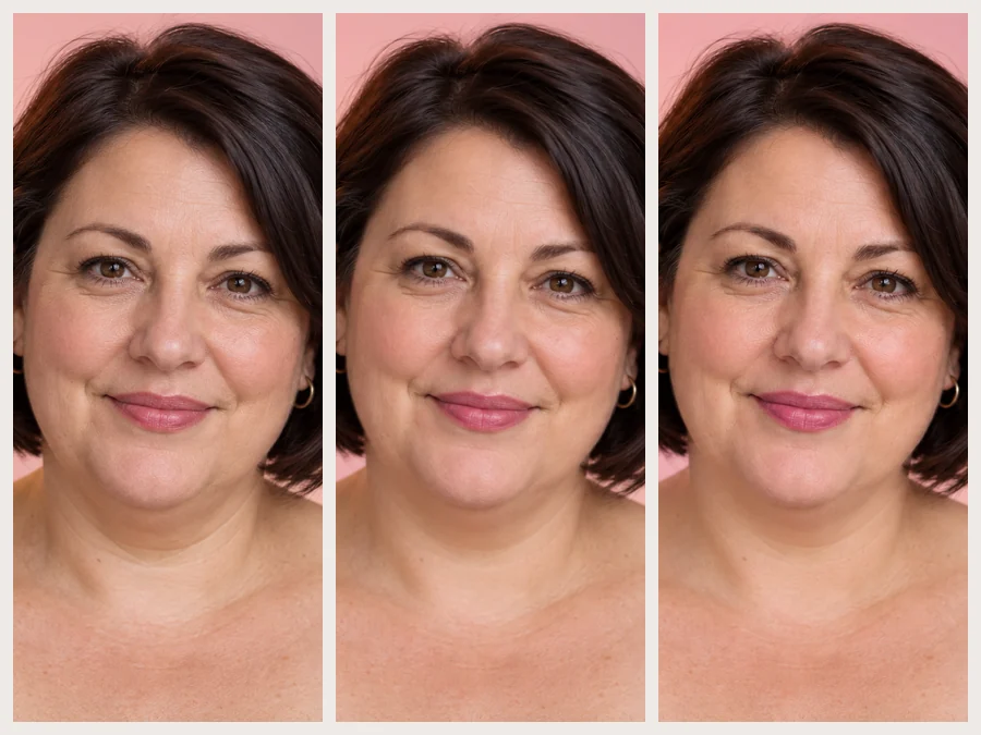 Woman with eyes closed shown before and after a natural double chin reduction