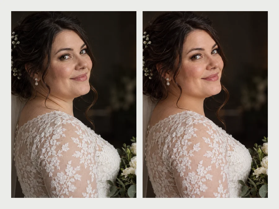 Bride with flowers in her hair before and after the chin and neck line were refined
