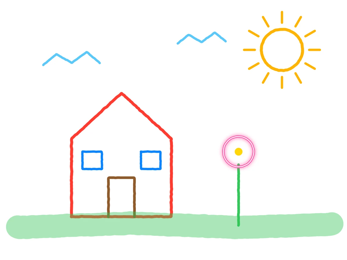 Simple drawing of a house, sun, birds, and a flower made on a blank white canvas