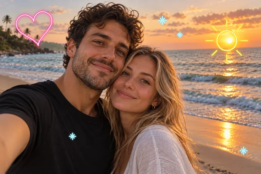 Beach selfie at sunset with a pink neon heart, a glowing yellow sun, and blue sparkles drawn over it