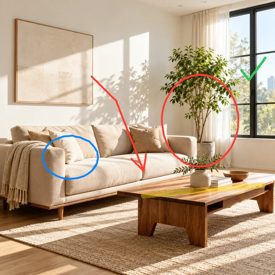 Drag to compare the room photo before and after drawing circles, an arrow, and a check mark on it (after)