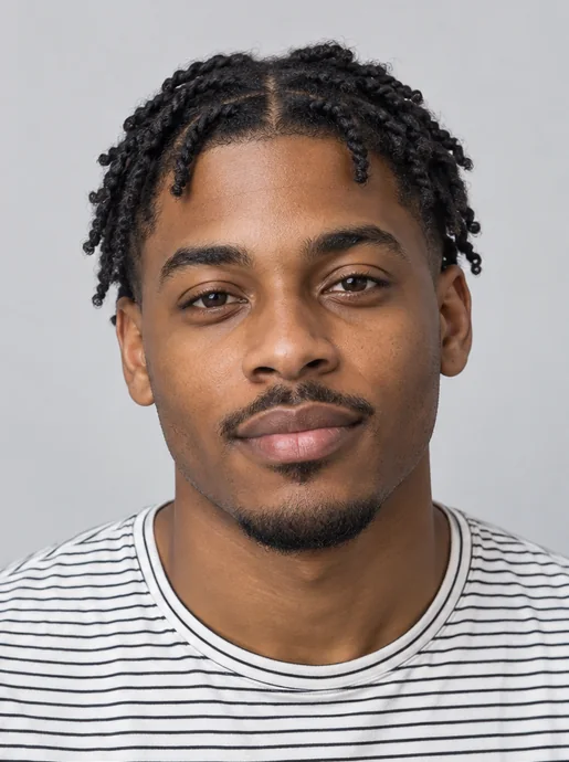 Drag to compare close-cropped hair with the same man with short twists (after)