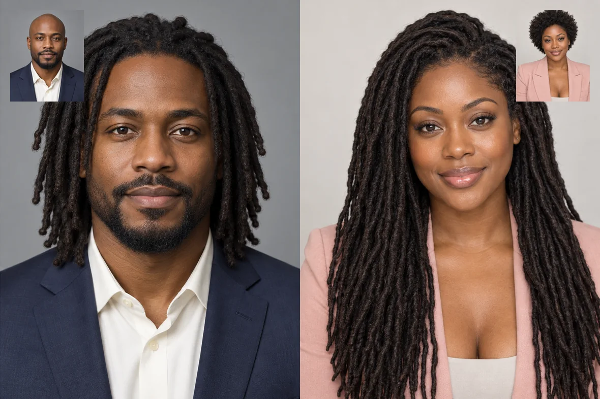 A smiling man and woman, each with locs, with small insets of their original short hair