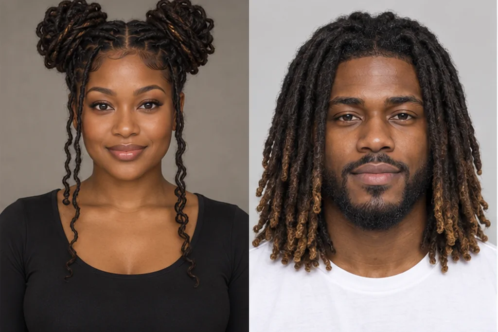 A woman with loc space buns and a man with long locs, each with an inset of their original hair