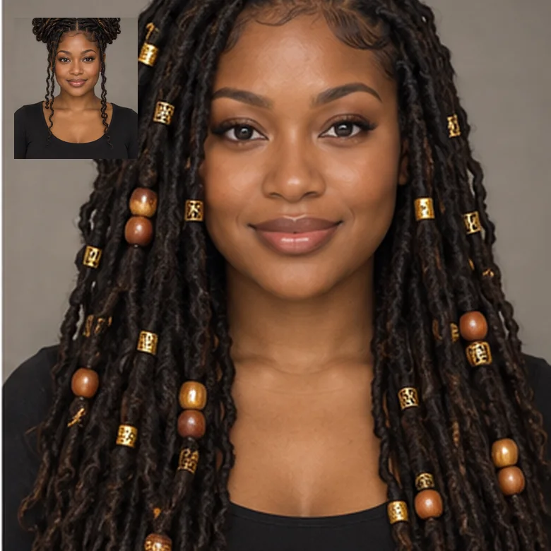 A woman with space buns shown again with decorated locs in pigtails