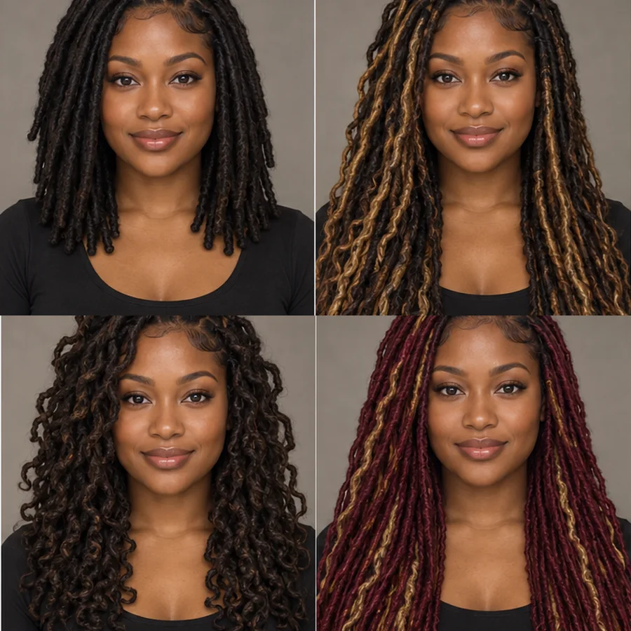 A woman with a sleek bun shown with three loc styles: half-up locs, brown locs, and burgundy locs