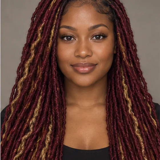 Woman with voluminous red locs and a few blonde locs