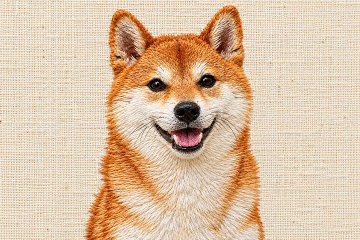 Drag to compare the photo of a shiba dog and the same dog as thread-painted embroidery (after)