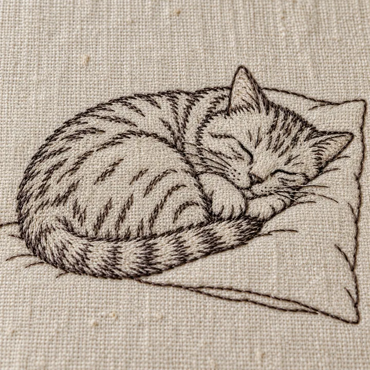 Outline embroidery of a cat sleeping on a pillow, stitched in white and grey thread on linen